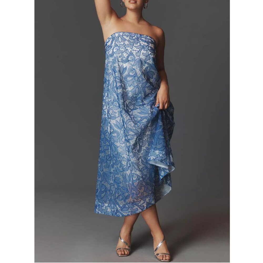 By Anthropologie Strapless Embroidered Lace Midi Dress Blue XS Petite XSP